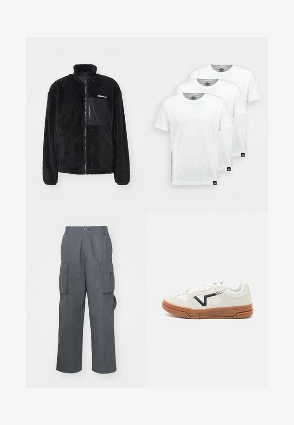 Ellesse CERVACOL - Fleecejakke - black; Tre ensfarvede hvide bomulds t-shirts med korte ærmer. Hver shirt har en rund halsudskæring og et lille sort logo mærke på venstre side.; Cargo bukser i mørkegrå stof; har flere sidelommer, en afslappet pasform og en knaplukning i taljen.; Hvide atletiske sneakers med en ruskindsstruktur, der har et sort logo-detalje, gummisål og flade snørebånd. Rent, moderne design.