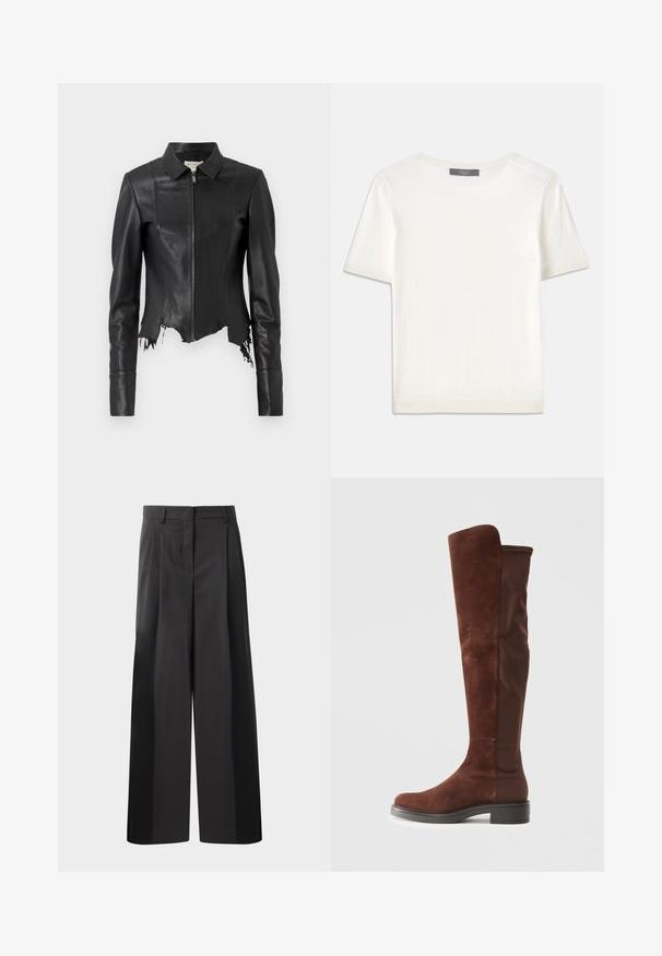 Čierna skrátená kožená bunda s golierom, zipsom vpredu a jednou náprsníkovo. Obsahuje rozstrapkaný lem a prešívanie. Hladký povrch.; Biele krátke rukávy pletené tričko s okrúhlym výstrihom, ktoré má jemnú textúru a nenápadné rebrované detaily na rukávoch a leme.; Čierne široké nohavice s vysokým pásom, so záhybmi vpredu, hladkou textúrou a prispôsobeným strihom. Navrhnuté pre uvoľnený strih.; Vysoká hnedá semišová a textilná topánka s nízkym čiernym podpätkom a zaoblenou špičkou, zobrazená z boku na jednobednom bielom pozadí.