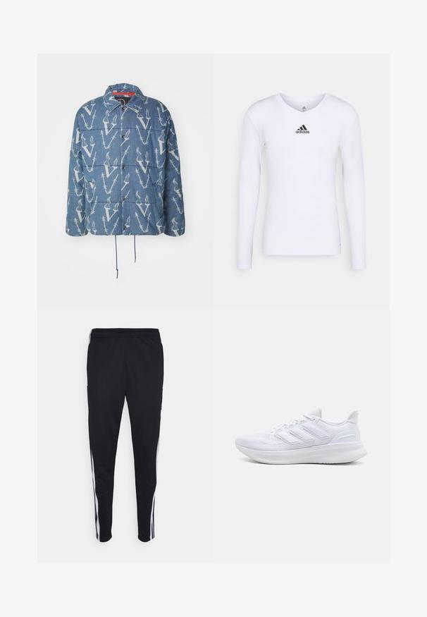 Chaqueta de denim con un diseño acolchado, que presenta un fondo azul y un patrón repetido en blanco de la letra "V". Incluye cierres a presión y dobladillo con cordón.; Camiseta deportiva de manga larga blanca, fabricada con material suave, que presenta un logo negro de Adidas en el pecho; diseño de cuello en V y forma ajustada.; Pantalones deportivos negros con un ajuste relajado, que cuentan con franjas laterales blancas, una cintura con cordón y dos bolsillos laterales. Hechos de tela suave.; Zapatillas deportivas blancas con una parte superior de malla texturizada, suela acolchada y soporte, y un diseño de tres rayas en el lateral.