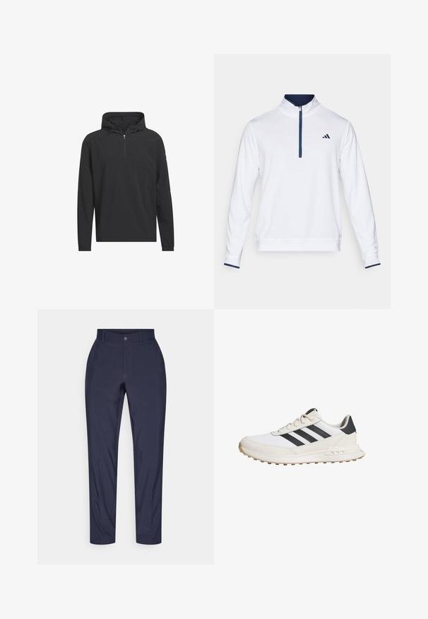 adidas Golf ULTIMATE - Windbreaker - black; White pullover with a high collar, half-zip front, and navy accents. Features textured fabric with a small logo on the left chest.; Navy blue chinos made from lightweight fabric, featuring a button front, belt loops, and minimalistic design with subtle stitch detailing.; White athletic shoes with black stripes, featuring a textured rubber sole, smooth leather upper, and a padded collar for support.