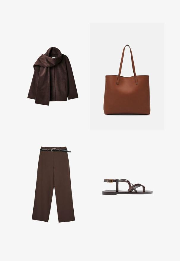 Brun uldblanding frakke med bred halsskærm og åbent frontdesign. Blød tekstur, afslappet pasform og ingen synlige lukninger.; Sort striktrøje med lange ærmer, polstrede skuldre og ribkantede manchetter og kant, vist mod en hvid baggrund.; Brune brede bukser med en glat tekstur, der har et sort bælte og en skræddersyet talje, hvilket giver en struktureret pasform.; Brune lædersandal med krydsende stropper, ankelspænde og en flad sål med minimale syninger.; Brun læder tote taske med en glat overflade, åben topdesign og to skulderremme. Har minimal syning og ingen synlig hardware.