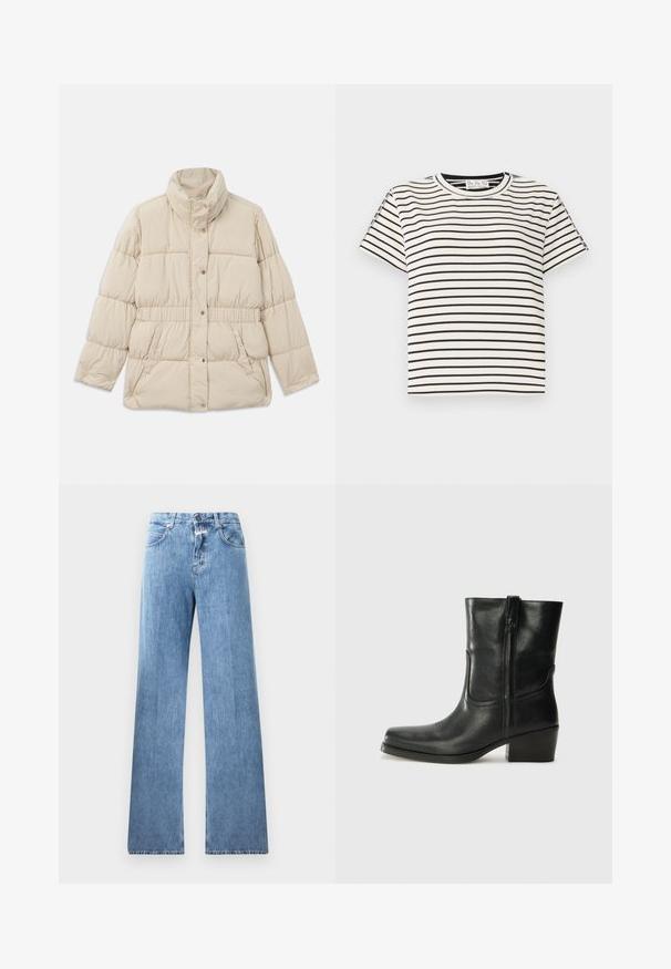 Jachetă bej căptușită cu guler înalt, închidere cu nasturi prin apăsare, talie elastică și două buzunare laterale. Textură netedă cu design capitonat.; Tricou din bumbac cu mânecă scurtă, cu guler rotund, având dungi verticale negre pe un fundal alb și un design cu croială dreaptă.; Jeans din denim albastru deschis cu un design cu picioare largi, cinci buzunare, bucle pentru curea și închidere cu nasture. Tesătura are o textură netedă.; Botine din piele neagră, cu vârf rotund, toc pătrat, fermoar pe lateral și accente de cusături pe partea superioară. Textură netedă, design clasic.