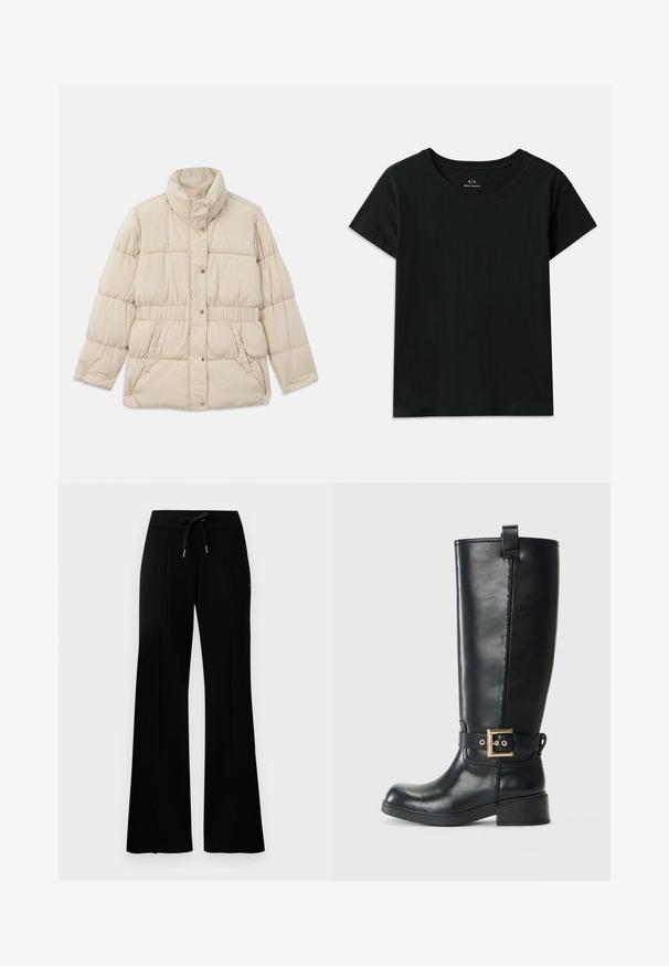 Beige polstret jakke med høy krage, trykknapplukking, elastisk midje og to sidelommer. Glatt tekstur med quiltedesign.; Svart kortermet T-skjorte laget av bomull. Har rund hals og preget "Armani Exchange"-tekst langs skulderen. Enkel design.; Svart vid bukse med snøring i midjen, sidelommer, myk stoff og et elegant design.; Sorte knelange læderstøvler med en lav blokhæl, dekorativ guldfarvet spænde om anklen og en løkke øverst.