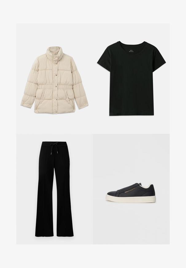 Bež jakna s punjenjem koja sadrži visoki ovratnik, kopčanje na dugmadi, elastičnu struk i dva bočna džepa. Glatka tekstura s kviltanim dizajnom.; Crna majica kratkih rukava od pamuka. Ima okrugli izrez i reljefni natpis "Armani Exchange" duž ramena. Jednostavan dizajn.; Crne široke trenirke s remenom na vezanje, bočnim prorezima, mekanom tkaninom i elegantnim dizajnom.; Crne kožne slip-on tenisice s bijelim potplatom, zlatnim logotipom "Armani Exchange" sa strane i minimalističkim detaljima u šivanju.