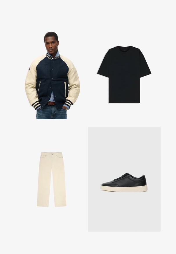 Superdry & Co COLLEGE - Bomberjacks - eclipse navy; Zwarte katoenen T-shirt met een ronde hals en korte mouwen. Heeft een losse pasvorm en een eenvoudig ontwerp zonder patronen of accenten.; Beige ribfluweel broek met een rechte pasvorm, voorzien van twee voorkruiden en een subtiele ribstructuur. Inclusief metalen hardwareaccenten.; Zwarte leren sneaker met lage schacht, zwarte veters en off-white zool, weergegeven in zijprofiel op een witte achtergrond.