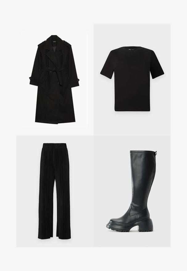 Svart trenchcoat, ullblanding, dobbeltradet design, brede revers, belte i midjen, skulderepauleter og knappebånd.; Svart t-skjorte med korte ermer og rund hals, laget av mykt bomullsstoff. Enkelt design, ingen synlige logoer eller mønstre.; Sorte plisserte bukser med elastisk midje. Har vide ben og et glatt, strukturert stoff med vertikale striper.; Høy svart lærstøvel med chunky plattformsåle og blokkhelt, med trekkstang og teksturert mønster på yttersålen.