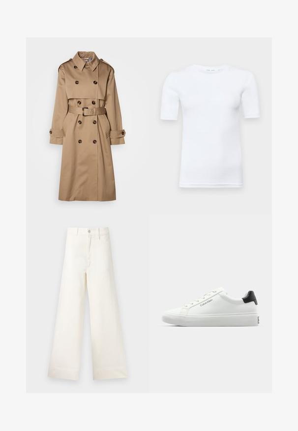 Trench coat bege feito de tecido suave, apresentando um design de duplo peito, botões grandes e um cinto correspondente na cintura.; T-shirt branca de manga curta feita de algodão. Apresenta um decote redondo e uma textura suave, com costuras mínimas visíveis na barra.; Calças largas em algodão bege claro. Apresentam uma cintura alta, bolsos frontais e um corte reto. Acabamento de bainha limpo, sem padrões.; Sapatilha branca com acabamento liso, detalhe preto no calcanhar e design com atacadores. Apresenta a marca "Calvin Klein" na lateral. Estilo minimalista.