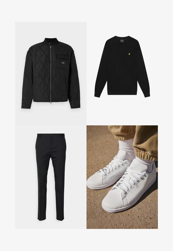 Guess Jeans QUILTED PUFFER JACKET - Light jacket - jet black; Black cotton sweatshirt with long sleeves and a round neck. Features a small yellow eagle logo on the chest. Soft texture.; Black tailored trousers with a straight fit, made from smooth fabric. Features belt loops and crease detail along the front.; White leather sneakers with a smooth surface, featuring a classic lace-up design, perforations for breathability, and a textured rubber outsole.