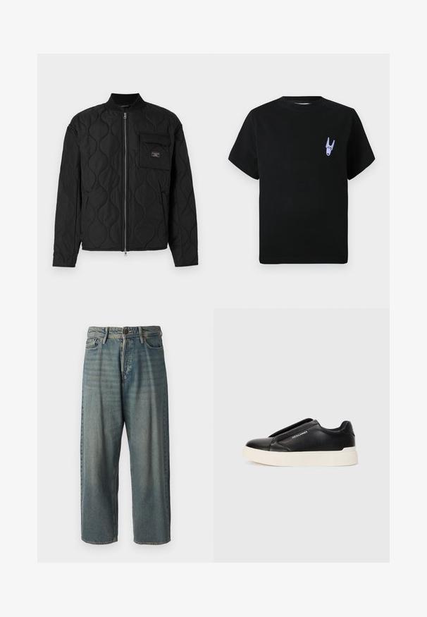 Guess Jeans QUILTED PUFFER JACKET - Jachetă subțire - jet black; Tricou negru din bumbac cu mâneci scurte, prezentând un detaliu grafic mic de culoare mov în zona stângă a pieptului. Design simplu, de tip cutie.; Jeans din denim bleu deschis, cu o croială lejeră, talie medie și picioare drepte. Au cinci buzunare, bucle pentru curea și închidere cu nasture.; Tenis negri slip-on cu upper din piele texturată, talpă din cauciuc alb și fără șireturi vizibile. Prezintă logo-ul mărcii pe lateral.