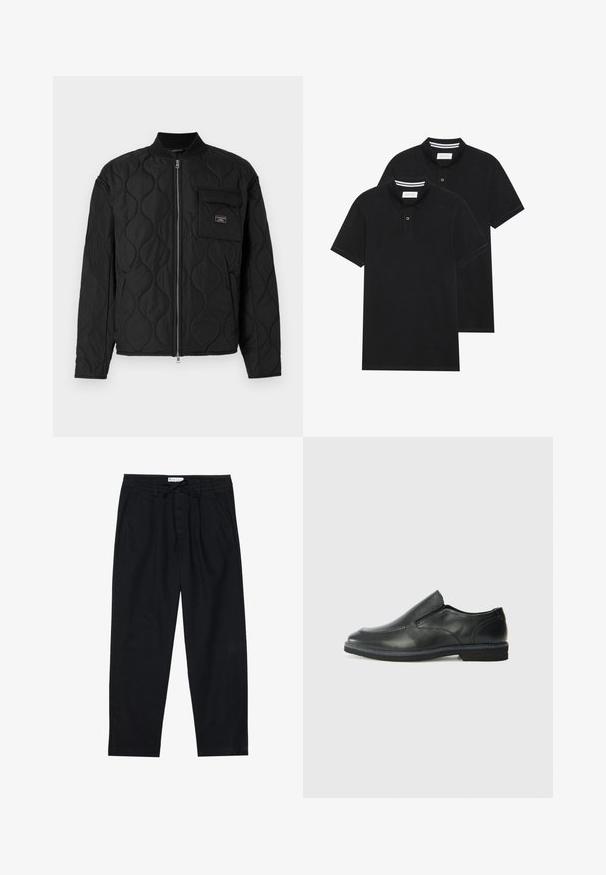Guess Jeans QUILTED PUFFER JACKET - Light jacket - jet black; Two black polo shirts, short-sleeved, cotton material, featuring a classic collar, two-button placket, and white striped accents inside the collar.; Pier One Chinos - black; Black leather slip-on shoe with a smooth upper, stitched accents, rounded toe, and a low rubber heel. Sole features minimal tread.