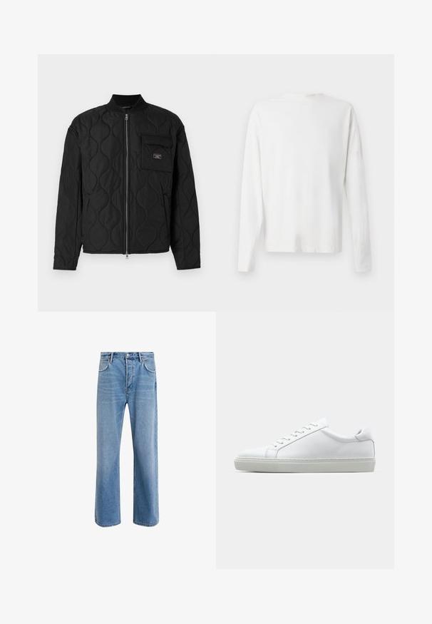 Guess Jeans QUILTED PUFFER JACKET - Lett jakke - jet black; Langermet hvit bomullsskjorte med rund hals, sidespalter nederst og en jevn tekstur, vist fra baksiden.; Lys blå denimjeans med rett ben-design, fem lommer, knappeåpning, minimal falming og kontrasterende sømdetaljer.; Hvit sneakers med en glatt skinnoverdel og lav profil. Har en rund tå, seks snøring hull, og en teksturert gummisåle.