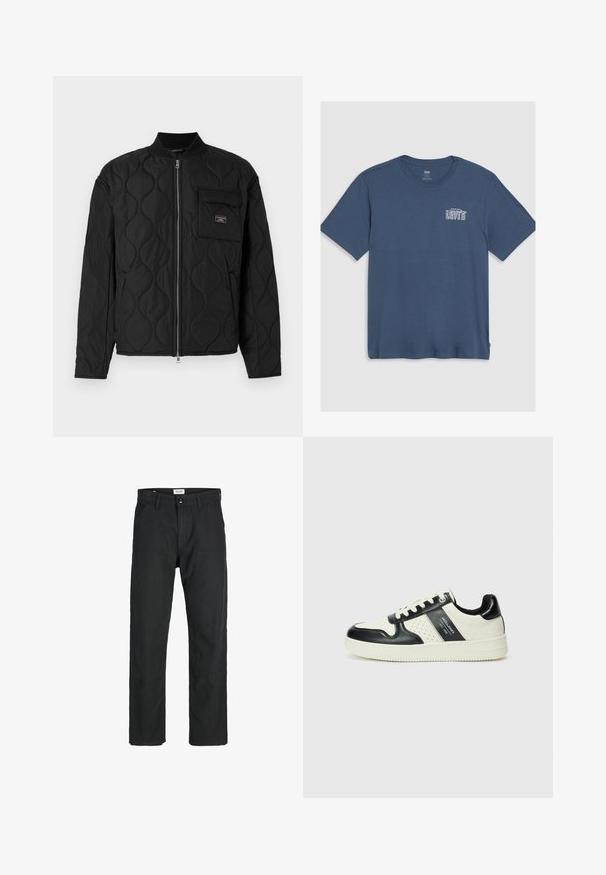 Guess Jeans QUILTED PUFFER JACKET - Lengva striukė - jet black; Mėlyna medvilninė marškinėliai su apvalia iškirpte ir trumpomis rankovėmis. Kairėje krūtinės pusėje yra baltas "Levi's" logotipas. Paprastas dizainas.; Juodi kelniai, pagaminti iš tvirto audinio, su tiesiomis kojomis, siuvinėtomis detalėmis ir dviem priekinėmis kišenėmis funkcionalumui.; Odiniai sportbačiai juodos ir kreminės spalvų schemoje, su perforuotais akcentais, paminkštinta apykakle ir tekstūruotu padu.