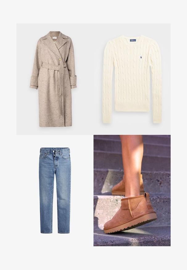 Béžový texturovaný vnější kabát s klopovým límcem, zapínáním na jeden knoflík, páskem v pase a dlouhými rukávy s manžetami.; Krémový svetr s pleteným vzorem, dlouhými rukávy, žebrovanými manžetami a lemem, se malým vyšívaným logem na levé hrudi.; Světle modré džíny s rovný střih, designem s pěti kapsami a knoflíkovým zapínáním. Mají jemné vyblednutí a oranžové prošití.; Světlé semišové kotníkové boty s měkkou strukturou, prošívanými detaily a gumovou podrážkou, s okrouhlým podpatkem pro snadné obouvání.