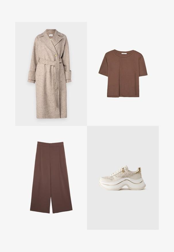 Béžový, textúrovaný vonkajší kabát s klopovým golierom, jedným gombíkom na zapínanie, pásom v oblasti pása a dlhými rukávmi so zúženými koncami.; Hnedé tričko s krátkym rukávom vyrobené z jemného materiálu, s okrúhlym výstrihom a voľným strihom. Žiadne viditeľné vzory ani akcenty.; Hnedé nohavice so širokými nohavicami a hladkou textúrou, s vysokým pásom a prednými skladmi. Tkanina je ľahká a voľne sa pohybuje.; Béžové a zlaté platformové tenisky s vzorom "MK", šnurovacie predné, zlatý prívesok a hrubá vlnitá podrážka na čistom pozadí.