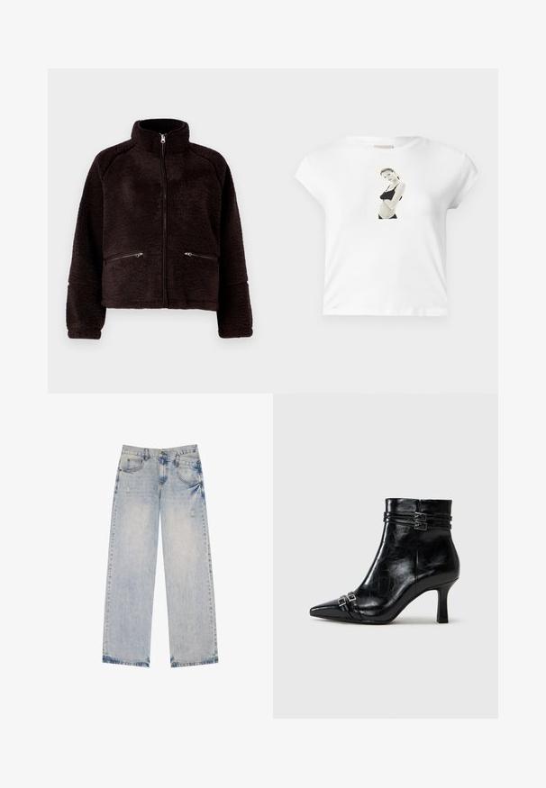 Samsøe Samsøe TARA JACKET - Fleecejas - chocolate torte; Witte katoenen t-shirt met korte mouwen, voorzien van een zwart-wit fotoafdruk aan de voorkant van een figuur in een zwart outfit.; Lichtblauwe spijkerbroek met een recht model, voorzien van versleten accenten, vijf zakken en zichtbare stikseldetails.; Tamaris Enkellaarsjes met sleehak - black