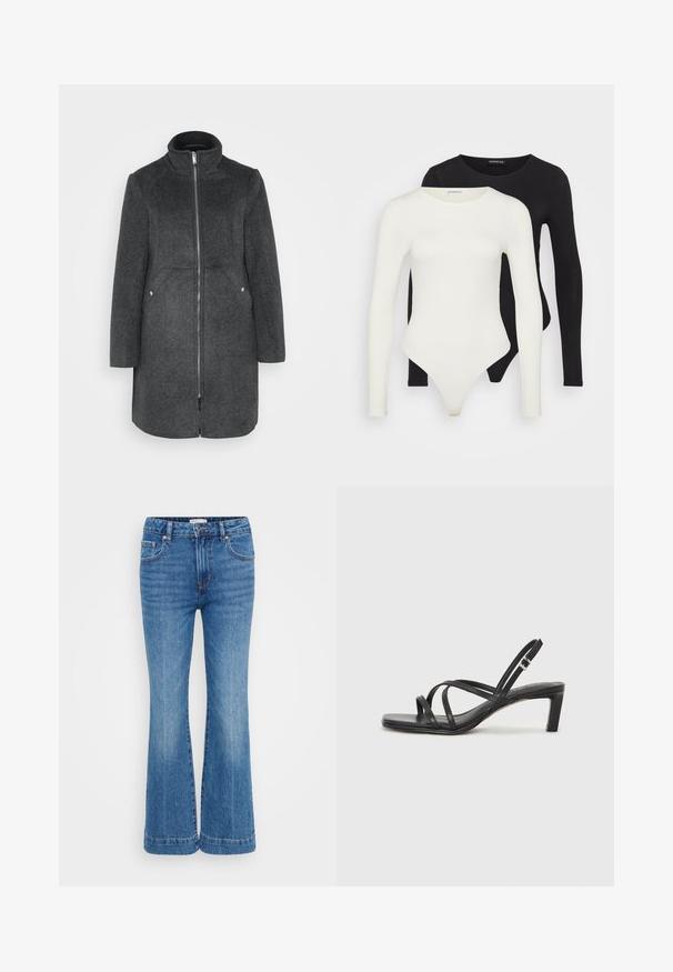 Mørk grå ullblandingsfrakk med høy krage, frontlukking med glidelås og to sidelommer med sølvdetaljer. Rett silhuett, kne-lengde.; To langermagede bodysuit i hvit og svart. Laget av glatt stoff, med rund hals og en thong-bunn for en strømlinjeformet passform.; Blå denim jeans med utsvikt, høy midje, subtilt slitasje foran, fem lommer og kontrasterende sømmer langs sømmene.; Sorte sandaler med stropper, firkantet tå og lav blokk hæl. Har flere tynne stropper og en justerbar ankelstropp. Laget av glatt lær.