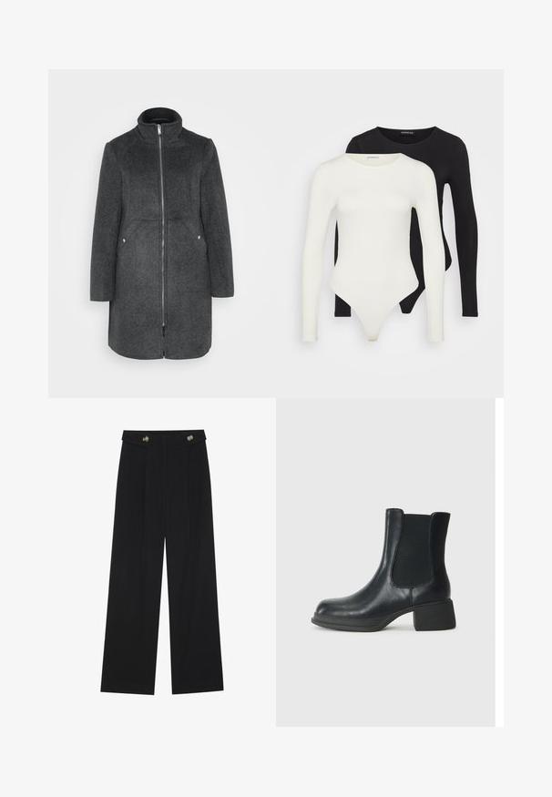 Tumehall villasegu mantl, millel on kõrge krae, eesmine tõmblukk ja kaks küljetaskut hõbedaste elementidega. Sirge siluett, põlvekõrgune.; Kaks pikkade varrukatega bodysuit'i, valge ja must. Valmistatud siledast kangast, ringkeskuste ja stringi allosa tõttu sujuvaks kandmiseks.; Mustad laiad püksid kõrge vöökoha ja nööpdetailidega vööandil, esikortsudega.; Mustadast mustast nahast pahkluu saabas, millel on elastsed külgpaneelid, ümar varvas ja madal plokk kand. Pinndl on sile tekstuur ja minimaalne detailide arv.