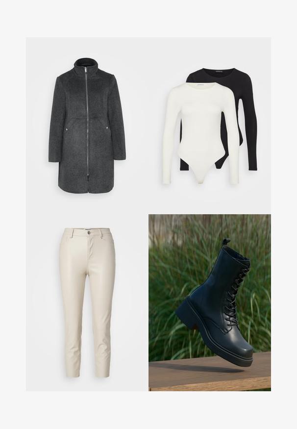 Palton din amestec de lână gri închis, cu guler înalt, închidere cu fermoar în față și două buzunare laterale cu accente argintii. Siluetă dreaptă, lungime până la genunchi.; Două bodysuits cu mânecă lungă, unul alb și unul negru. Fabricate dintr-un material neted, cu decolteu rotund și fund tanga pentru o purtare confortabilă.; Pantaloni din piele ecologică bej cu croială slim, buzunare frontale și închidere cu nasture, având o textură netedă și picioare conice.; Boots de piele negre, până la gleznă, cu vârf rotund, sistem de șireturi în față și toc gros, masiv. Au cusături detaliate și o textură netedă a suprafeței.