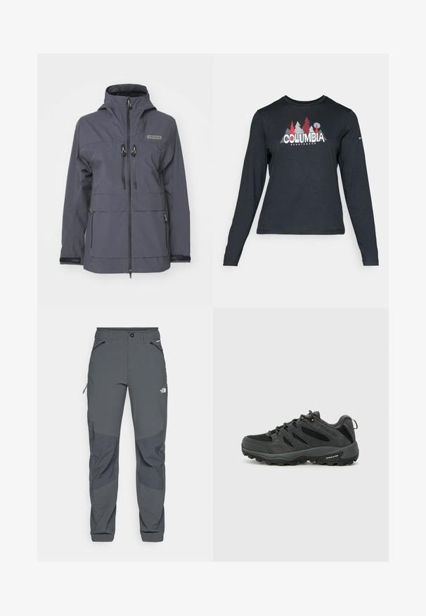 Mørkegrå vanntett jakke med hette, glidelås lommer på brystet og justerbare ermer. Laget av slitesterkt stoff for utendørs bruk.; Langermet mørkegrå skjorte med grafikk av røde trær og fjell; "COLUMBIA" logo i fet hvit tekst. Mykt stoff, standard rund hals.; Mørkegrå utendørsbukser med forsterkede kneputer, glidelås i sidelommer og frontlommer, knappelukking, og The North Face-logo på låret.; Columbia REDMOND - Fjellsko - black/citron haze