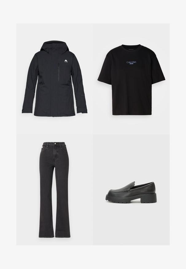 Fekete vízálló dzseki kapucnival, cipzáras elülső zsebbel és rugalmas mandzsettákkal. Jellemzője egy diszkrét fehér logó a bal felső oldalon.; Fekete pamut póló kerek nyakkal, rövid ujjú, elöl kék hímzett "Calvin Klein JEANS" logóval.; Fekete, magas derekú, trapéz fazonú farmernadrág, gombos záródással, övrésszel és oldalsó zsebekkel. Sima textúrájú, minimális kopással.; Fekete bőr loafer cipők kerek orral, vastag, texturált talppal és minimális varrási részletekkel. Áramvonalas dizájn, látható fűzők vagy fém részek nélkül.