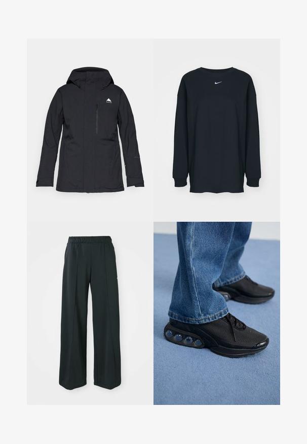 Black waterproof jacket with a hood, zippered front pocket, and elastic cuffs. Features a subtle white logo on the upper left side.; Black long-sleeve T-shirt made of cotton with a crew neckline. Features a white Nike logo on the chest. Soft texture, simple design.; Black, wide-leg athletic pants with an elastic waistband. Made from smooth, stretchy fabric, featuring subtle front seams and no pockets.; Black athletic sneakers with mesh upper, textured accents, and visible air cushioning pods in the sole. Worn with blue denim jeans.