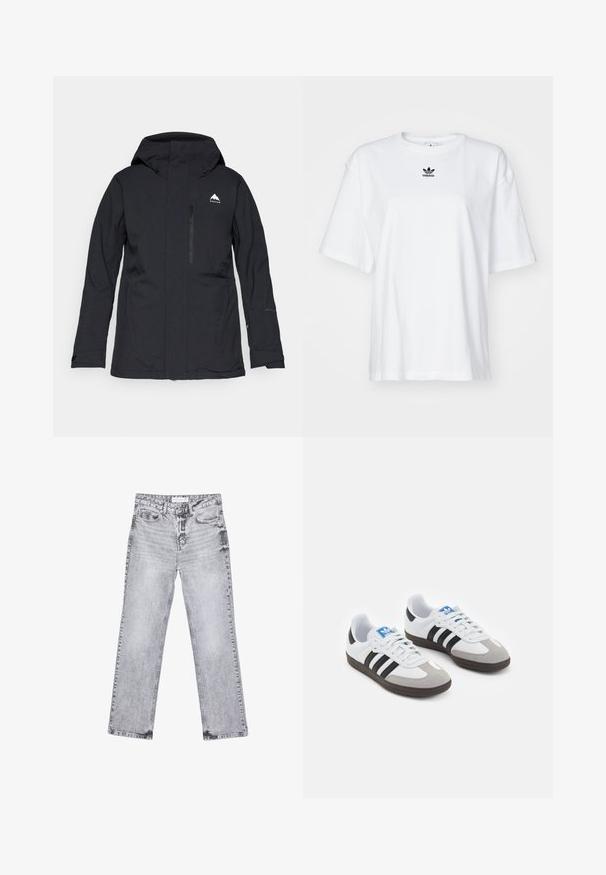 Giacca nera impermeabile con cappuccio, tasca anteriore con zip e polsini elasticizzati. Presenta un logo bianco discreto sul lato sinistro superiore.; T-shirt bianco a maniche corte in cotone. Presenta un collo rotondo e un piccolo logo Adidas nero sul petto. Orlo dritto.; Jeans in denim grigio con taglio dritto, dettagli sfilacciati, cinque tasche e rivetti in rame. La cintura presenta un'etichetta con il logo.; Scarpe sportive con tomaia in pelle bianca, punta in suede grigia e tre strisce nere. Presentano un logo blu sulla linguetta e una suola in gomma testurizzata.