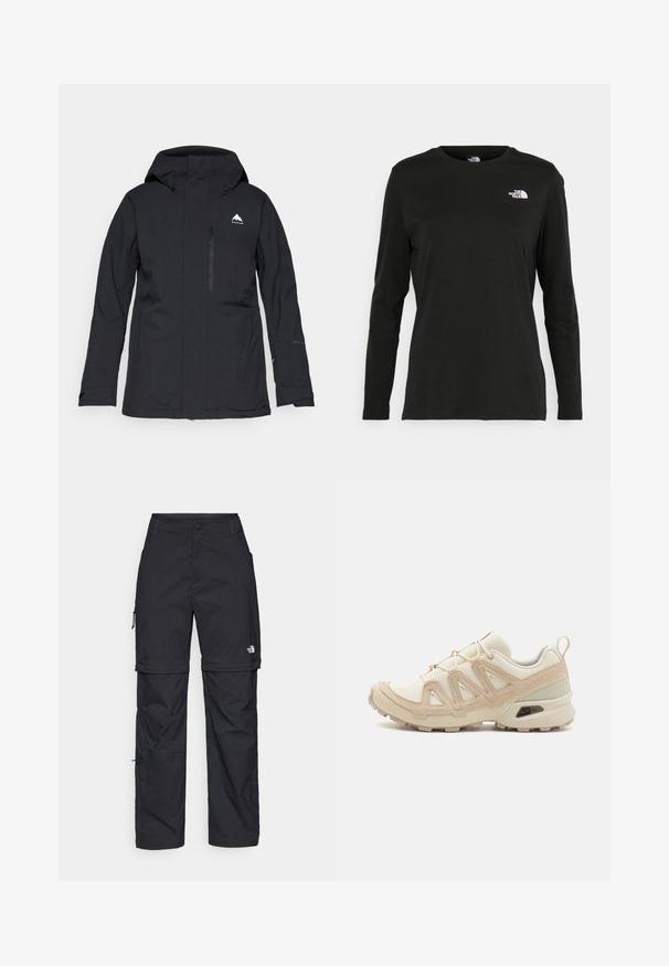 Schwarze wasserdichte Jacke mit Kapuze, durchgehendem Reißverschluss und elastischen Bündchen. Mit einem dezenten weißen Logo auf der oberen linken Seite.; Schwarzes Langarm-T-Shirt aus Baumwolle mit Rundhalsausschnitt. Verfügt über ein kleines weißes Logo auf der linken Brustseite. Einfaches Design und Passform.; Schwarze Nylon-Zip-Off-Cargohosen mit verstellbaren Bündchen, mehreren Taschen und einem Logo am rechten Bein. Glatte, leichte Textur.; Beige und cremefarbenen Sportschuh mit strukturiertem Mesh-Obermaterial, unterstützenden Überzügen und Gummisohle mit einem Profilmuster für Bodenhaftung.