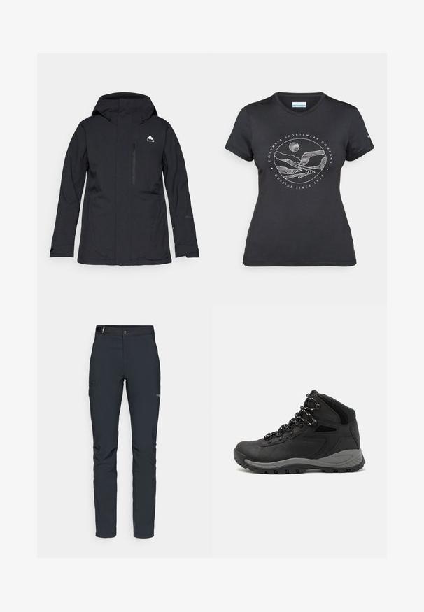 Fekete vízálló dzseki kapucnival, cipzáras elülső zsebbel és rugalmas mandzsettákkal. Jellemzője egy diszkrét fehér logó a bal felső oldalon.; Fekete Columbia póló fehér, kör alakú hegy és folyó vonalrajzzal, valamint a "Columbia Sportswear Company Outside Since 1938" felirattal.; Férfi kültéri nadrág, sötétszürke, rugalmas anyagból készült, övvel, cipzáros zsebekkel és megerősített varratokkal.; Fekete túracipő közepes magasságú kialakítással, texturált felsőrésszel, szürke részletekkel és strapabíró gumitalppal, amelynek tapadós kiemelkedései vannak.