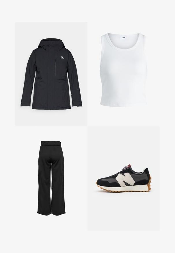 Juodas vandeniui atsparus švarkas su kapišonu, užtraukiama priekinė kišenė ir elastinės rankovės. Viršutiniame kairiajame kampe yra subtilus baltas logotipas.; Balta raukšlėta tank top marškinėliai su apvaliu iškirpimu, be rankovių dizainu ir trumpa ilgio. Etiketėje parašyta "JJXX." Lygus audinio paviršius.; Juodos, plačios kelnės su elastinga juosta, pagamintos iš lygaus audinio. Pasižymi švariu dizainu, be kišenių ar matomų siūlių detalių.; Juoda ir pilka zomšinė sportinė avalynė su dideliu kreminiu "N" logotipu, violetinėmis raištelėmis ir tekstūruota gumos padu.