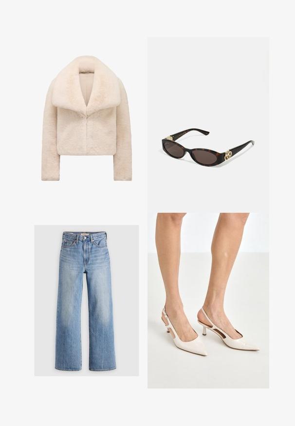 Jachetă scurtă din blană sintetică ivorie, cu un guler larg și moale și mâneci lungi. Dispune de un sistem de închidere elegant în față și o suprafață texturată, pufoasă.; Tricou cu mânecă lungă și guler înalt, de culoare bej deschis. Fabricat dintr-un material moale și elastic, cu o croială lejeră și un guler pliabil.; Blugi largi din denim de un albastru deschis, cu talie înaltă, zone decolorate, cinci buzunare și cusături contrastante. Închidere clasică cu nasture și fermoar.; Cizme slingback din piele vopsită bej, cu vârf ascuțit și toc de 5 cm, având laterale decupate și o curea subțire la gleznă.; Ochelari de soare din țiglă cu lentile ovale alungite, nuanță maro, accente cu logo auriu pe brațele laterale și brațe negre elegante.; Geantă de mână din piele crem, curbată, cu un singur mânere, accesorii din aur și o siglă subtilă în partea de jos. Închidere cu fermoar pe marginea superioară.