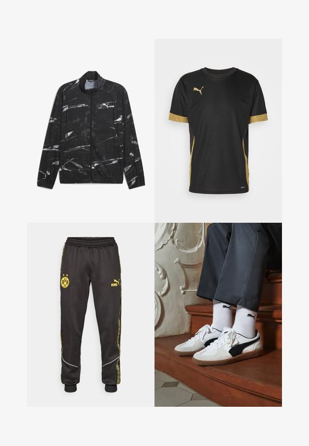 Musta takki, jossa on valkoinen abstrakti kuvio ja vetoketjukiinnitys, jossa on Puma-logo rinnassa. Suunniteltu aktiiviseen käyttöön tai rentoon pukeutumiseen.; Musta urheilupaita, jossa on kultaiset yksityiskohdat hihoissa ja sivuilla. Omistaa pyöreän kauluksen, lyhyet hihat ja kosteuskuivaavaa DRYCELL-kangasta.; Mustat urheiluhousut, joissa on keltaiset Borussia Dortmund BVB 09 - ja Puma King -logot, joustava vyötärö ja kuvioidut keltaiset sivuraidat.; Puma-tenniset valkoisesta ja mustasta mokasta, joissa on ruskea kumipohja. Yhdistetty valkoisten sukkien kanssa, joissa on musta logo, tummien housujen kanssa.