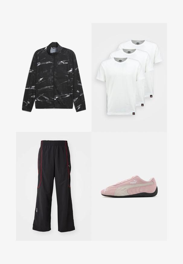 Giacca nera con un motivo astratto bianco e chiusura con zip, caratterizzata da un logo Puma sul petto. Progettata per l'abbigliamento sportivo o casual.; Tre magliette di cotone bianche semplici con maniche corte. Ogni maglietta presenta un collo rotondo e un piccolo etichetta logo nera sul lato sinistro.; Pantaloni sportivi neri con vita elastica, piping rosso sui lati, tasche con zip e vestibilità ampia. Realizzati in materiale leggero e testurizzato.; Sneaker in suede rosa con accenti grigi, design aerodinamico, tomaia texturizzata e suola in gomma nera. Presenta il logo Puma sul lato.