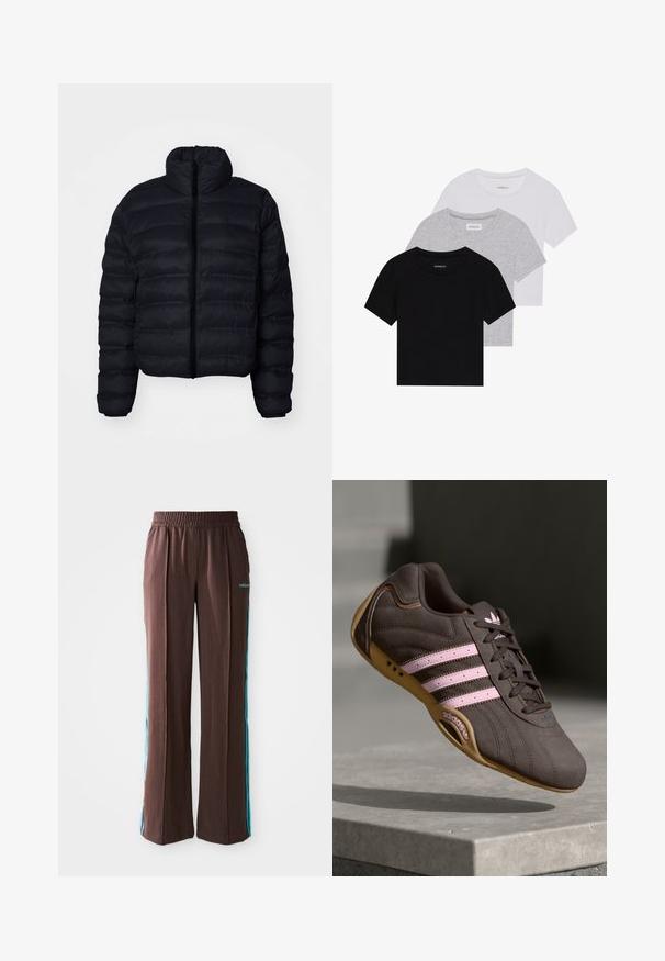 Zwarte pufferjack met hoge kraag, voorzien van een ritssluiting en een doorgestikte structuur. Korte, cropped pasvorm met elastische manchetten.; Set van drie korte mouwen t-shirts in zwart, grijs en wit. Gemaakt van katoen, met een ronde hals en een eenvoudig, effen kleurontwerp.; Bruine sportbroek met een ribbelstructuur, elastische tailleband en turquoise zijstrepen. Voorzien van het adidas-logo aan de voorkant.; Bruine suède sport schoen met roze strepen en logo, voorzien van een gestructureerde bovenkant, vetersluiting en een gumrubberen zool.