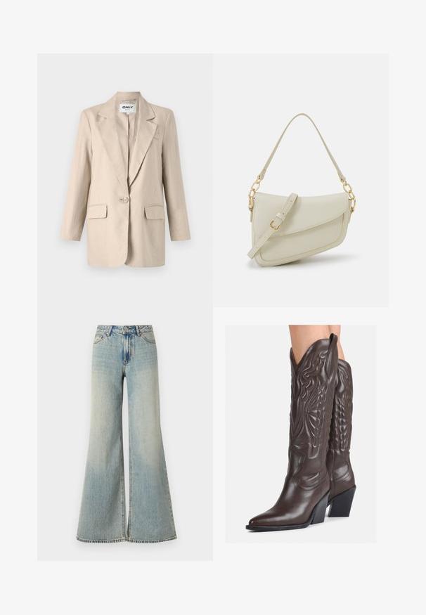 Beige linblazer med spiss krage, enkelt knappelukking, to frontlommer og lange ermer. Glatt tekstur og skreddersydd passform.; Hvit ermeløs tanktop laget av ribbet stoff, med rund hals og en tettsittende silhuett, med minimale sømmer og ingen dekorasjoner.; Lyseblå vide jeans med høy midje, med en falmet finish, foran lommer og en subtil splitt nederst på bena.; Brune skinncowboystøvler med spiss tå og blokkhelt, med detaljerte sømmer og hevede detaljer på skaftet.; Liten kremfarget håndveske med teksturert overflate, lang justerbar stropp, kjedeakenter og klaffelukking. Detaljer i gullfarge.