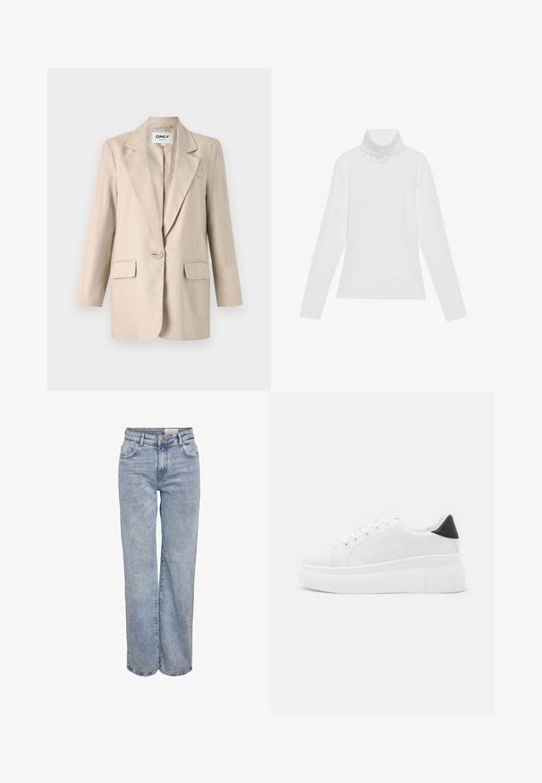 Blazer de linho bege com colarinho com entalhe, fecho de um único botão, dois bolsos frontais e mangas longas. Textura suave e corte ajustado.; Camisola de gola alta de mangas longas, feita de um tecido liso e elástico. Apresenta um colarinho alto e um design ajustado, sem padrões ou adornos visíveis.; Jeans de perna larga em azul-claro, feitos de denim, com cintura alta, design de cinco bolsos e um desvanecimento sutil para um aspeto usado.; Tênis plataforma brancos feitos de material sintético suave, apresentando ponta arredondada, design com cadarços e sola de borracha texturizada. Acento preto no calcanhar.