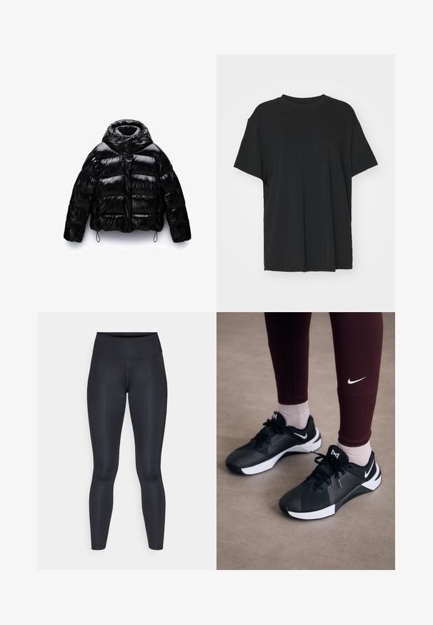 Melna pūkainā jakas ar spīdīgu apdari, ar augstu apkakli, rāvējslēdzēju priekšā un elastīgām auklām apakšmalā un piedurknēs.; Melna īsām piedurknēm T-krekli, izgatavots no gludas auduma, ar apaļu kakla izgriezumu un brīvu piegriezumu. Satur sānu šķēlumu, lai nodrošinātu papildu komfortu un gaisa caurlaidību.; Melnas legingi, izgatavoti no gludas, elastīgas auduma. Augsts jostasvieta bez redzamām rakstiem vai akcentiem. Cieši pieguļ no jostas līdz potītēm.; Melni sporta apavi ar strukturētu virsmu un baltām akcentēm, ar auklām un sānu logo. Nēsāti ar bordo legingiem un gaišām zeķēm.
