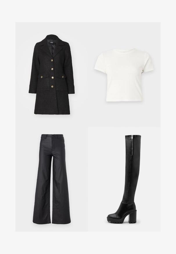 Μαύρο παλτό από μίγμα μαλλιού με κοφτό γιακά, χρυσά κουμπιά, δύο μπροστινές τσέπες και υφή. Κλειστό, μήκους μέχρι το γόνατο.; Κοντό λευκό μπλουζάκι από βαμβάκι με κοντά μανίκια, στρογγυλή λαιμόκοψη και ίσια στρίφωμα, με λεία υφή και ελαχιστο σχεδιασμό.; Μαύρο παντελόνι φαρδιάς γραμμής σε υλικό με faux δερματίνη. Διαθέτει ψηλή μέση, θηλιές ζώνης, δύο μπροστινές τσέπες και ραφές λεπτομέρειας.; Even&Odd Μπότες με ψηλό τακούνι - black