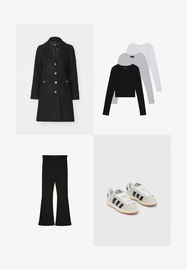 Čierny kabát zo zmesi vlny s páskovým golierom, zlatými gombíkmi, dvoma prednými vreckami a textúrovaným povrchom. Zapínaný, do dĺžky po kolená.; Tričko s dlhým rukávom v troch farbách: čiernej, sivej a bielej. Každé má okrúhly výstrih a skrátený strih vyrobený z hladkej, ľahkej tkaniny.; Čierne legíny s flared strihom vyrobené z elastického materiálu. Majú široký pás a hladkú textúru, s priliehavým siluetom, ktorý sa na okraji rozširuje.; Sivé semišové tenisky s bielymi šnúrkami, čiernymi pruhmi a bielou gumovou podrážkou. Obsahujú okrúhly logo na jazyku a gumenú podrážku.