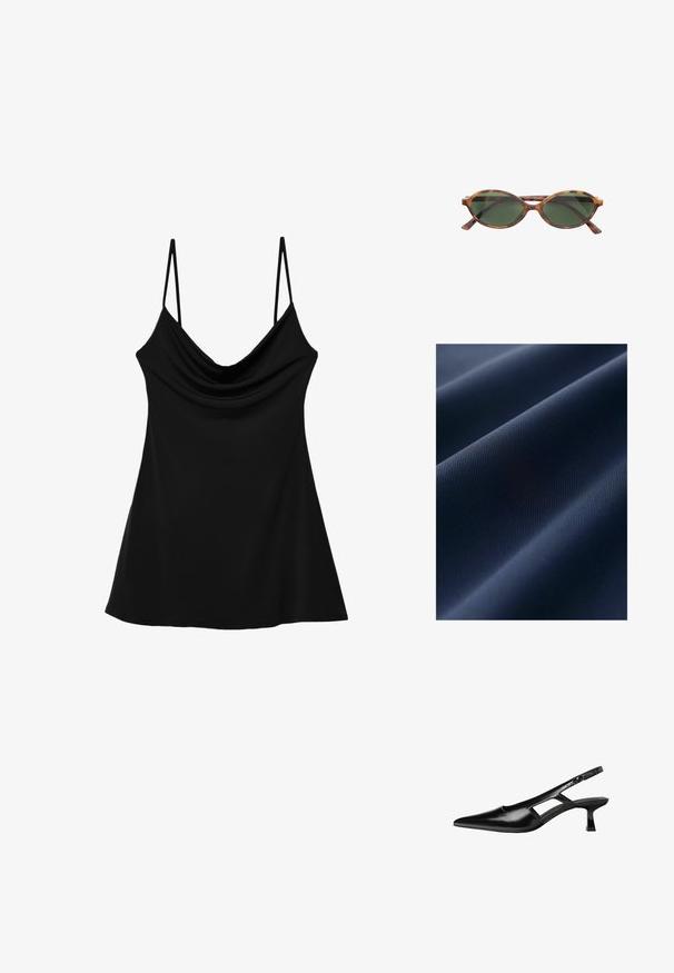 Marineblaue Stoff mit glatter Textur, der subtil erhabene Muster aufweist. Das Material wirkt leicht und langlebig, mit einer matten Oberfläche.; Schwarzes ärmelloses Top mit einem Cowled-Ausschnitt, hergestellt aus glattem Stoff. Verfügt über dünne, verstellbare Träger und eine ausgestellte, fließende Silhouette.; Schwarze Lackleder-Slingback-High Heels mit spitzer Zehenform, ausgeschnittenem Seitendesign und kleinem Blockabsatz. Glatte Textur mit minimalen Akzenten.; Braune Schildpatt-Sonnenbrille mit ovalen Gläsern und dunklem grünem Farbton. Sie hat dünne, gerade Bügel und dezente Markierung am Rahmen.