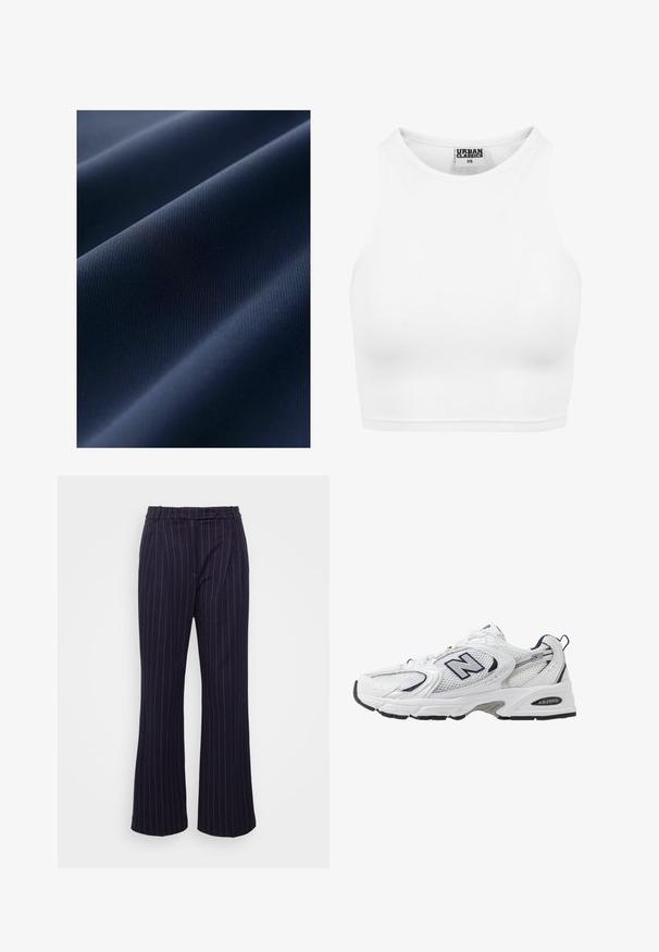 Tejido en color azul marino con una textura suave, que presenta patrones sutilmente elevados. El material parece ligero y duradero, con un acabado mate.; Top corto blanco con costillas, de cuello alto y sin mangas. Fabricado con un tejido suave y elástico para un ajuste cómodo.; DESIGNERS REMIX ZOE PANTS - Pantalones - navy/white; Zapatilla deportiva blanca con parte superior de malla, acentos en azul marino y suela acolchada. Presenta el logo "N", cordones y detalle texturizado en el lateral.