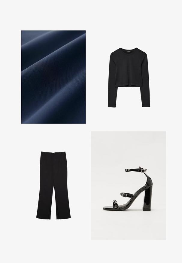 Tessuto navy con una texture liscia, caratterizzato da motivi leggermente in rilievo. Il materiale appare leggero e resistente, con una finitura opaca.; Top cropped nero a maniche lunghe con scollatura tonda, design semplice e orlo leggermente curvo.; Pantaloni neri a gamba dritta, con tasche frontali e spacchi laterali all'orlo. Realizzati in tessuto morbido e liscio. Adatti a diverse occasioni.; Sandali con tacco alto in vernice nera con due cinturini con fibbia, punta quadrata e tacco spesso a blocco, caratterizzati da una texture liscia e lucida.