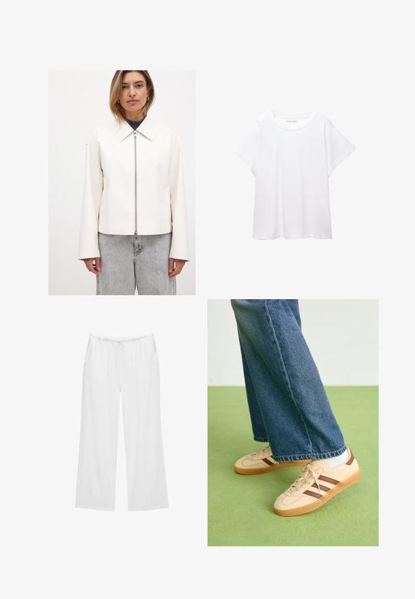 Kratka bela umetna usnjena jakna s poševnim ovratnikom, sprednjim zadrgo in širokimi rokavi, v kombinaciji s svetlo sivimi džinsom. Gladka tekstura, minimalističen dizajn.; Bela majica s kratkimi rukavi, izdelana iz mehkega in lahkega blaga. Ima okroglo ovratnico ter kratke, široke rokave z udobnim krojem. Brez vidnih vzorcev.; Bele široke hlače iz mehkega blaga, opremljene z elastičnim pasom z vrvico in dvema stranskima žepoma. Preprost in čist dizajn.; Bež teniske z teksturiranimi kremnimi paneli in rjavimi črtami, v kombinaciji z modrimi kavbojkami. Kavbojke imajo široke hlačnice in raztrgan rob.