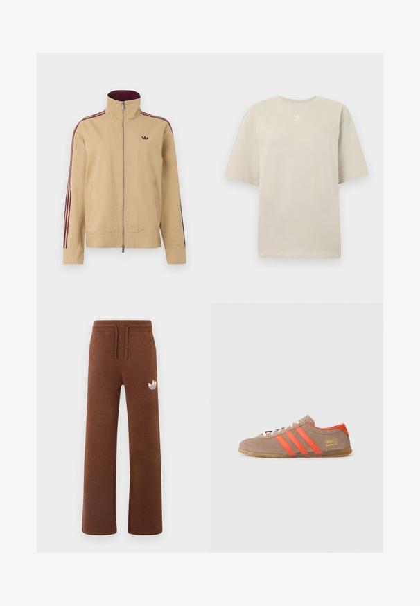 Casaco bege com gola alta, fecho de correr e duas bolsos laterais. Apresenta detalhes em listras maroon nas mangas e um pequeno logotipo no peito.; T-shirt bege de manga curta feita de algodão, com gola redonda e pequeno logótipo branco da Adidas impresso no peito. Textura suave, corte descontraído.; Calças de moletão castanhas em tecido suave com um corte descontraído, apresentando um cós elástico, cordão ajustável e um logótipo branco na coxa esquerda.; Sapatilhas de camurça castanha com três riscas laranjas brilhantes, atacadores à frente e logo dourado "Gazelle" na lateral. Sola de borracha plana.