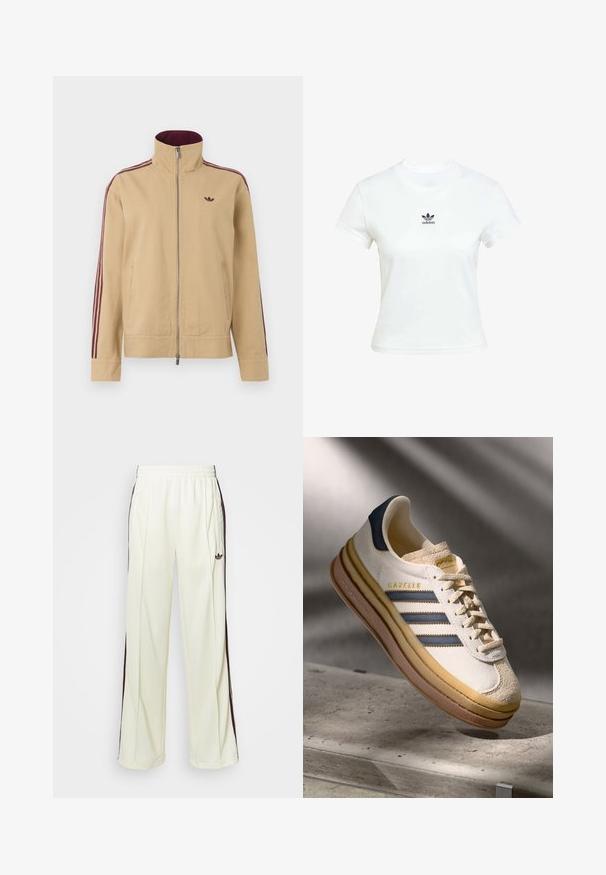 Béžová bunda s vysokým límcem, zipovým zapínáním a dvěma bočními kapsami. Obsahuje vínové pruhované detaily na rukávech a malé logo na hrudi.; Bílá bavlněná tričko s krátkými rukávy a kulatým výstřihem. Na hrudi se nachází černé logo Adidas. Jednoduchý, minimalistický design.; Krémové tepláky s uvolněným střihem, se šněrováním v tmavě hnědé barvě na bocích a vyšitým logem na levém stehně.; Tenisky Adidas Gazelle s krémovým semišovým svrškem, modrými koženými detaily, třemi modrými pruhy, béžovou mezipodešví a hnědou gumovou podešví.
