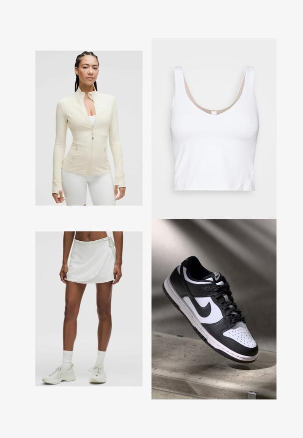 Gai krēmkrāsas rāvējslēdzēja jaku ar augstu apkakli, garām piedurknēm un divām priekšējām kabatām. Gluda, elastīga auduma ar šuvju detaļām.; Balta īsā blūze ar apaļu kakla izgriezumu un platām plecu siksnām. Izgatavota no gludas, elastīgas auduma ar beigās akcentētu odere kakla izgriezumā.; Baltas sporta svārku šorts ar apviju dizainu, izgatavots no gludas auduma. Ar sānu auklu un kombinēts ar gaišas krāsas treniņbotiem un zeķēm.; Melnbaltas Nike Dunk Low sporta apavi ar ādas augšdaļu, caurdurta pirkstu kaste un melnām šņorēm, ar baltu zoli un logo akcentiem.