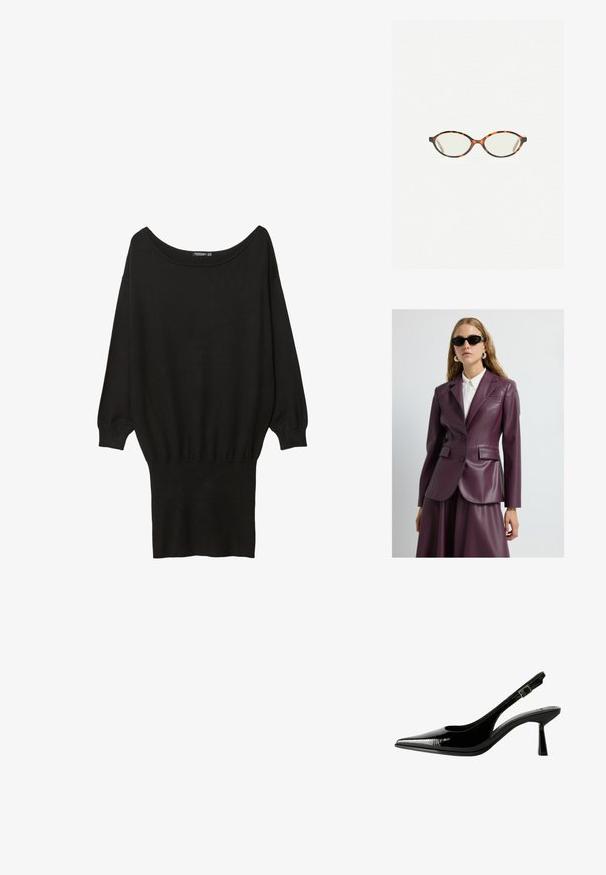 Skórzana marynarka w kolorze śliwkowym z dwoma guzikami, klapami fasonu notch i kieszeniami po bokach, noszona na białej koszuli z kołnierzykiem. Gładka faktura i dopasowany krój.; Czarny oversized sweter z szerokim dekoltem w łódkę, długimi rękawami, prążkowanymi mankietami i dopasowanym dolnym brzegiem, wykonany z miękkiego, teksturowanego materiału.; Czarne lakierowane pantofle na obcasie typu slingback z ostrym noskiem, wyciętymi bokami, regulowanym paskiem na kostce i cienkim, smukłym obcasem.; Okulary w kolorze tortoiseshell z owalnymi soczewkami i gładkim, eleganckim wykończeniem. Posiadają cienkie boki z delikatnym łukiem w okolicy skroni. Przezroczyste soczewki.; Czerwona skórzana torebka na ramię o zakrzywionym kształcie, gładkiej fakturze i zamek błyskawiczny. Posiada cienką rączkę do noszenia.