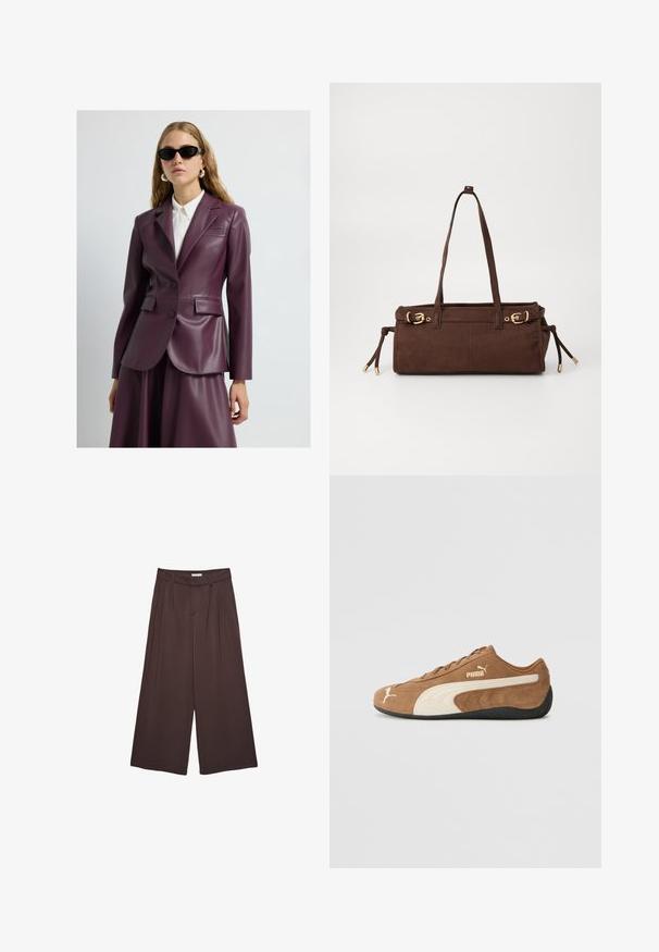 Viininpunainen nahkatakki kahdella napilla, lovikauluksilla ja sivutaskuilla, päälle puettuna valkoisen kauluspuseron kanssa. Esteettisesti sileä pinta ja istuva leikkaus.; Vaaleanbeige neulepusero, jossa on korkea kaulus, puoleen väliin ulottuva vetoketju ja tippalaput. Varustettu ribbauslahkeilla ja hihoilla.; Ruske levele hlače iz mehkega materiala, z gubami na pasu in stranskimi žepi. Opravljajoča silhueta z udobnim krojem.; Ruskean nahkaiset alhaiset tennarit, joissa on kerma valkoisia yksityiskohtia, teksturoitu pinta, musta kumipohja ja brodeerattu logo sivulla ja kielessä.; Ruskea mokkanahkainen kantolaukku, jossa on kaksi olkahihnaa, kultaiset yksityiskohdat ja säädettävät sivunauhat. Varustettu vetoketjulla ja sileällä pinnalla.