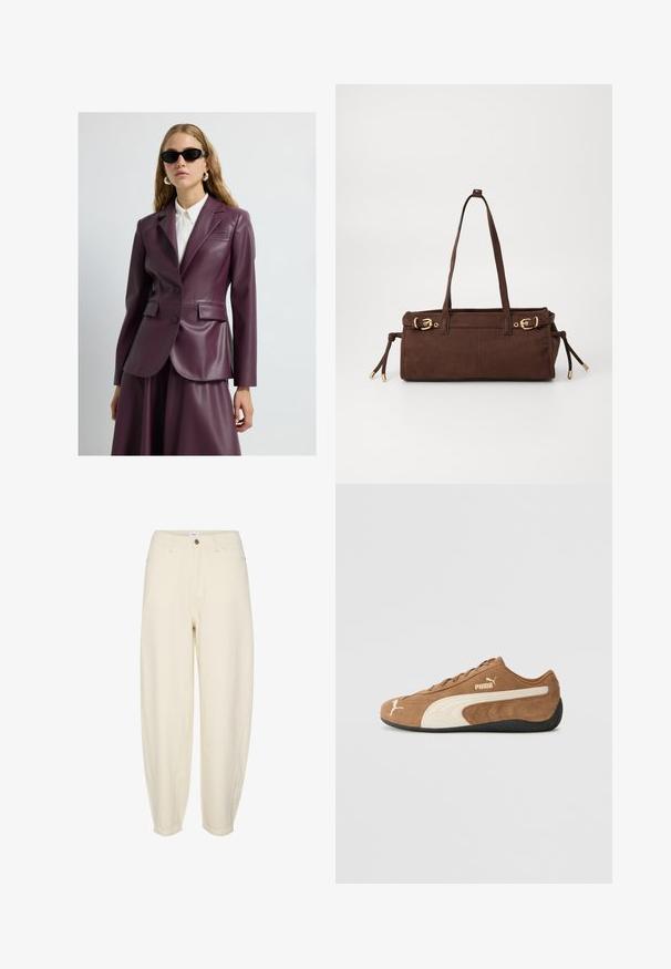 Blazer en cuir couleur prune avec deux boutons, revers crantés et poches latérales, porté sur une chemise blanche à col. Texture lisse et coupe ajustée.; Pull en tricot beige avec un col montant, une fermeture éclair mi-longue et des manches à épaule tombante. Comprend un ourlet et des poignets côtelés.; Pantalons en coton beige clair avec une coupe décontractée, des jambes fuselées, des poches avant et une fermeture à bouton unique à la taille.; Baskets basses en daim marron avec des accents crème, surface texturée, semelle en caoutchouc noir et logo brodé sur le côté et la languette.; Sac cabas en suède marron avec deux poignées, accents en métal doré et liens latéraux ajustables. Comprend une fermeture éclair et une texture lisse.
