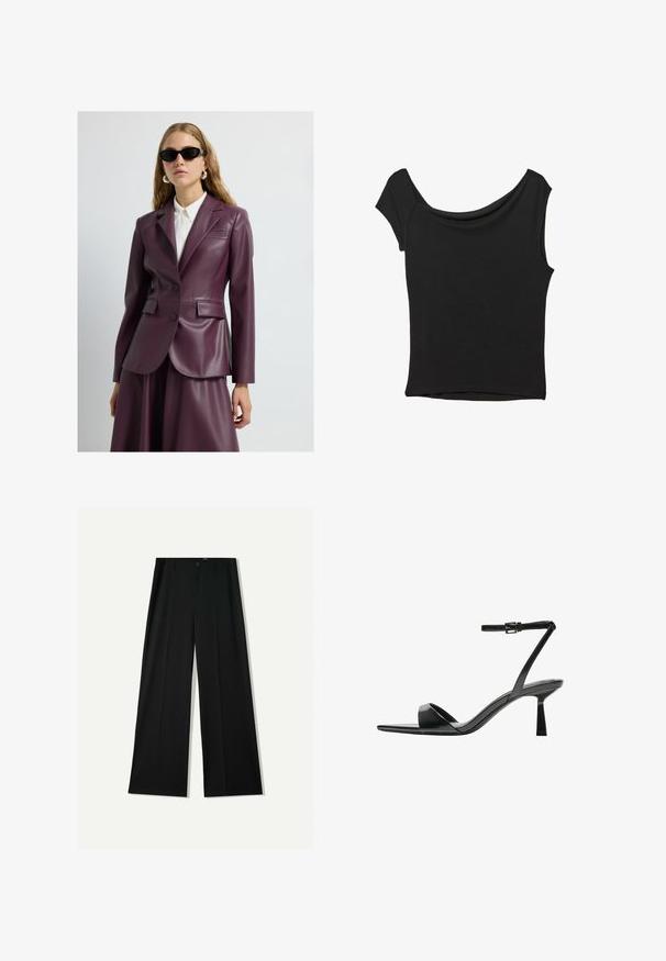 Skórzana marynarka w kolorze śliwkowym z dwoma guzikami, klapami fasonu notch i kieszeniami po bokach, noszona na białej koszuli z kołnierzykiem. Gładka faktura i dopasowany krój.; Czarna bluzka z krótkim rękawem, wykonana z gładkiego materiału; posiada dekolt w stylu drapowanym oraz asymetryczny dół, z dopasowanym krojem.; Bershka WIDE czarny; Bershka - Sandały na obcasie
