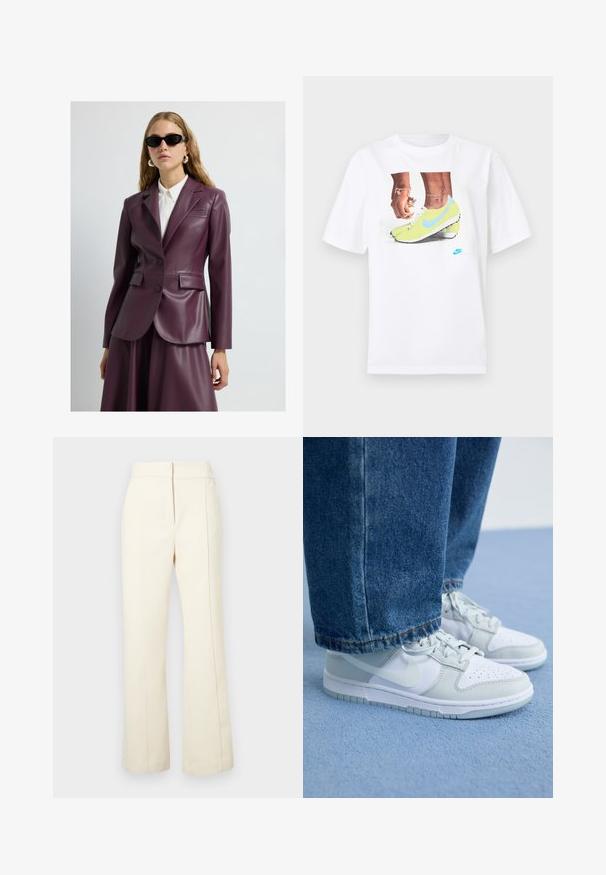 Plumkleurige leren blazer met twee knopen, notch revers en zijkanten zakken, gedragen over een witte overhemd met kraag. Gladde textuur en getailleerde pasvorm.; Witte katoenen t-shirt met een afbeelding van voeten in gele Nike voetbalschoenen met blauwe accenten, gecombineerd met een armband om de linkerpols.; Crème-kleurige broeken met een wijde pijpontwerp, elastische tailleband en subtiele zijnaad. Heeft een klein logo in het voorste, lagere gebied.; Nike sneakers in wit en lichtgrijs leer met geperforeerde neus, platte veters en een rubberen zool, gedragen met blauwe denim jeans.